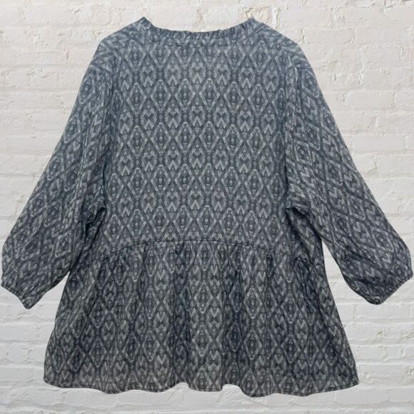 Fred David Ikat Peasant Blouse 2X – Gray Boho Tunic Balloon Sleeve Top - Picture 4 of 16